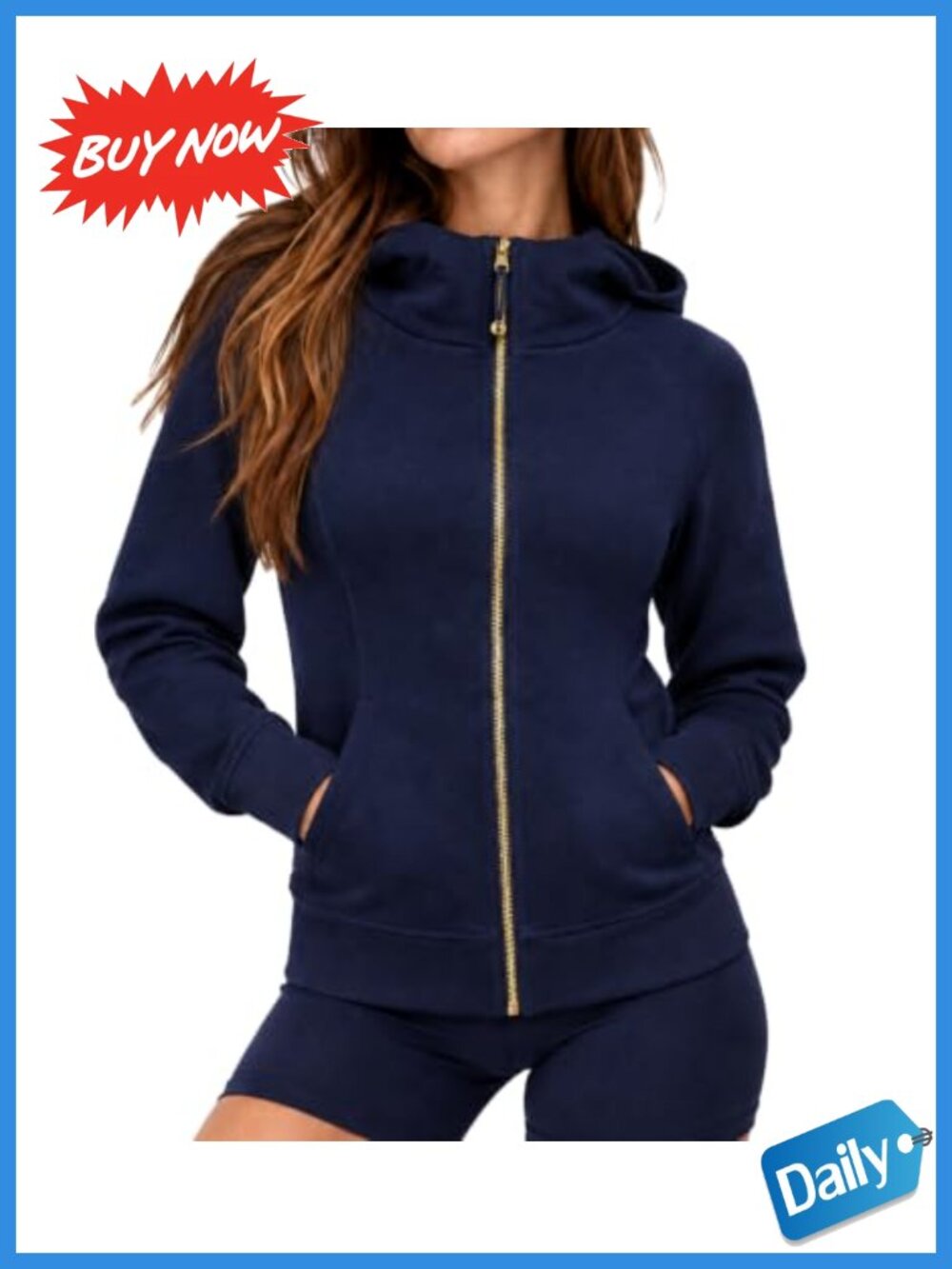 Women's 100% Cotton Full Zip Hoodie Gold Zipper Lightweight Sweatshirt